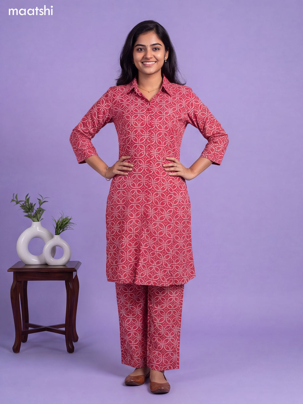 Reddish Pink Cotton Bandhai Printed Long Co-Ord Set