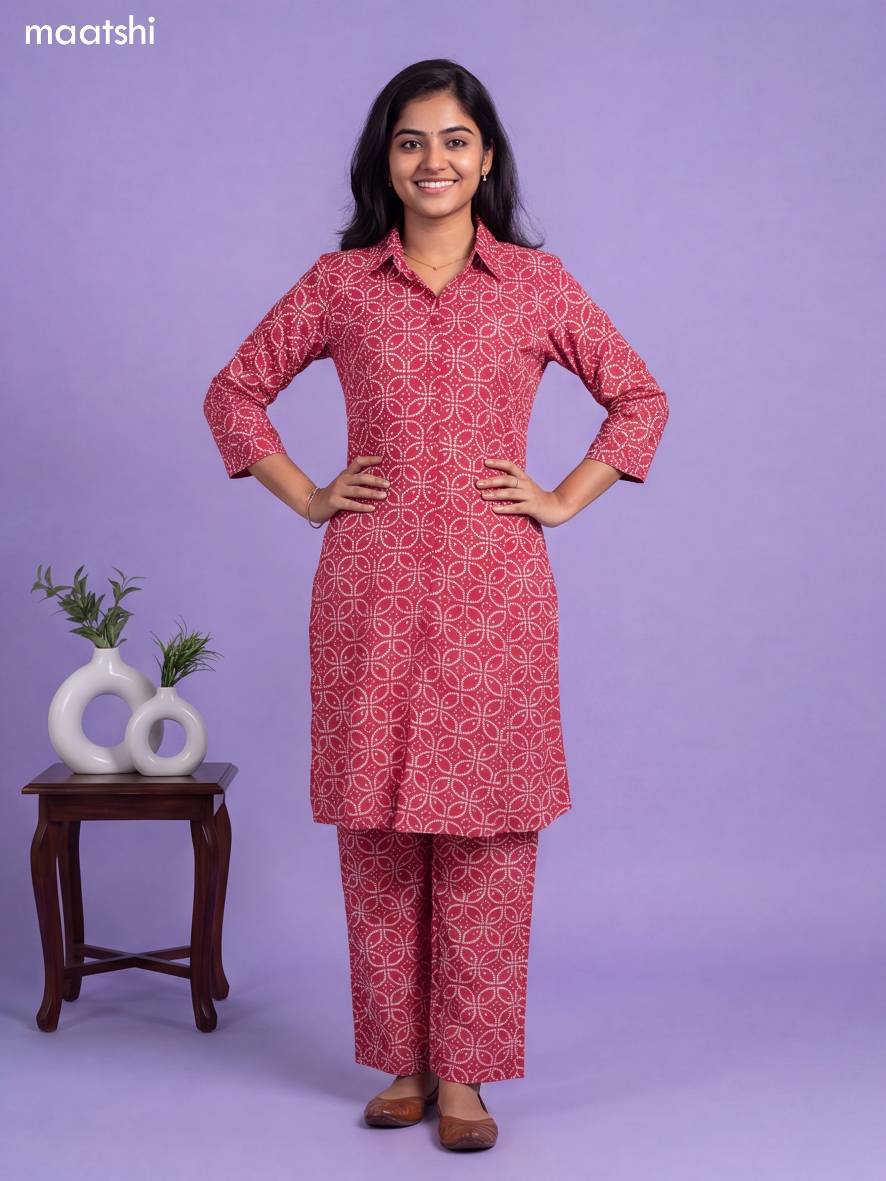 Reddish Pink Cotton Bandhai Printed Long Co-Ord Set