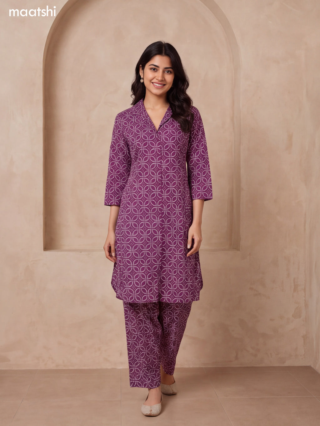 Violet Cotton Bandhai Printed Long Co-Ord Set