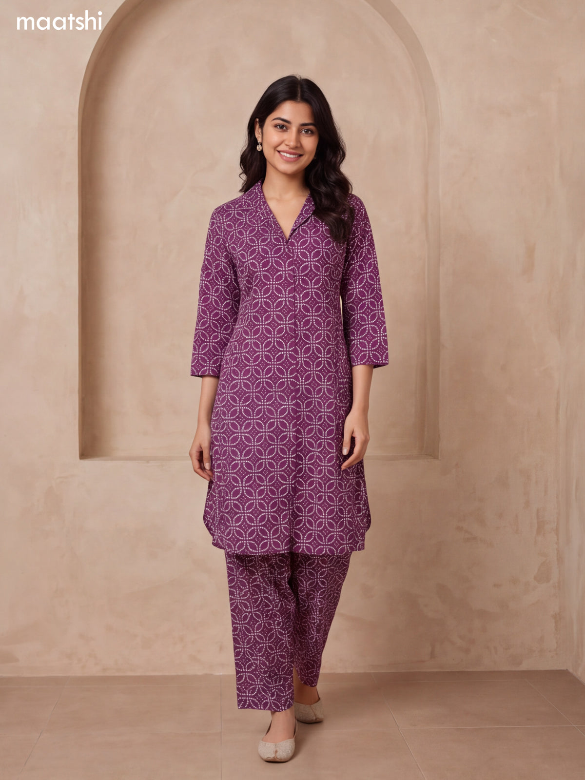 Violet Cotton Bandhai Printed Long Co-Ord Set