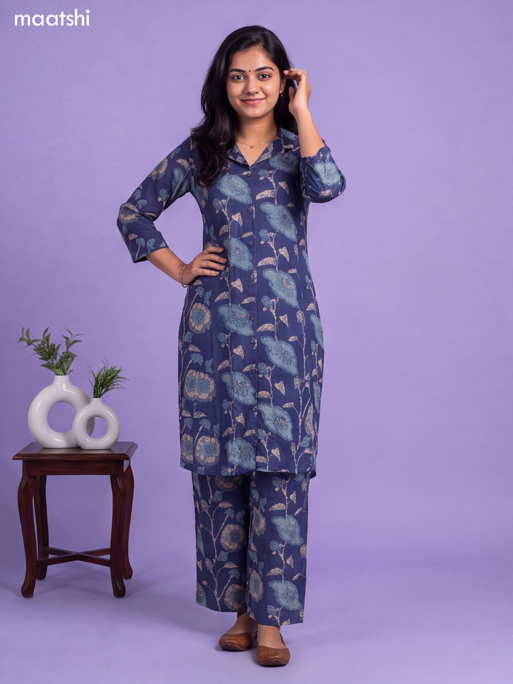 Navy Blue Cotton Printed Long Co-Ord Set