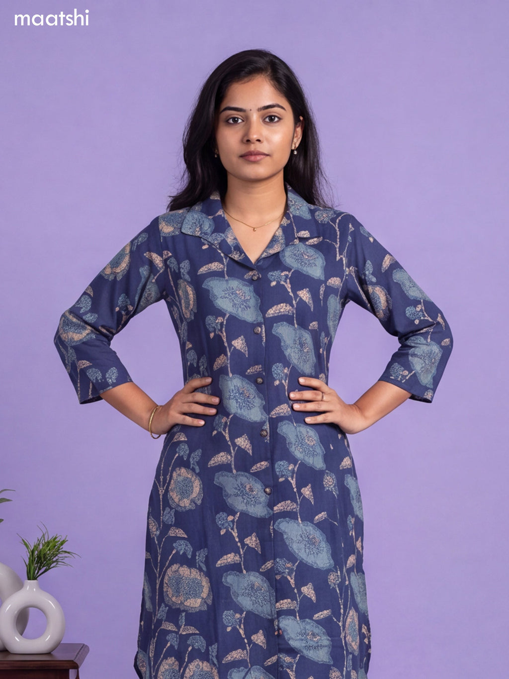 Navy Blue Cotton Printed Long Co-Ord Set