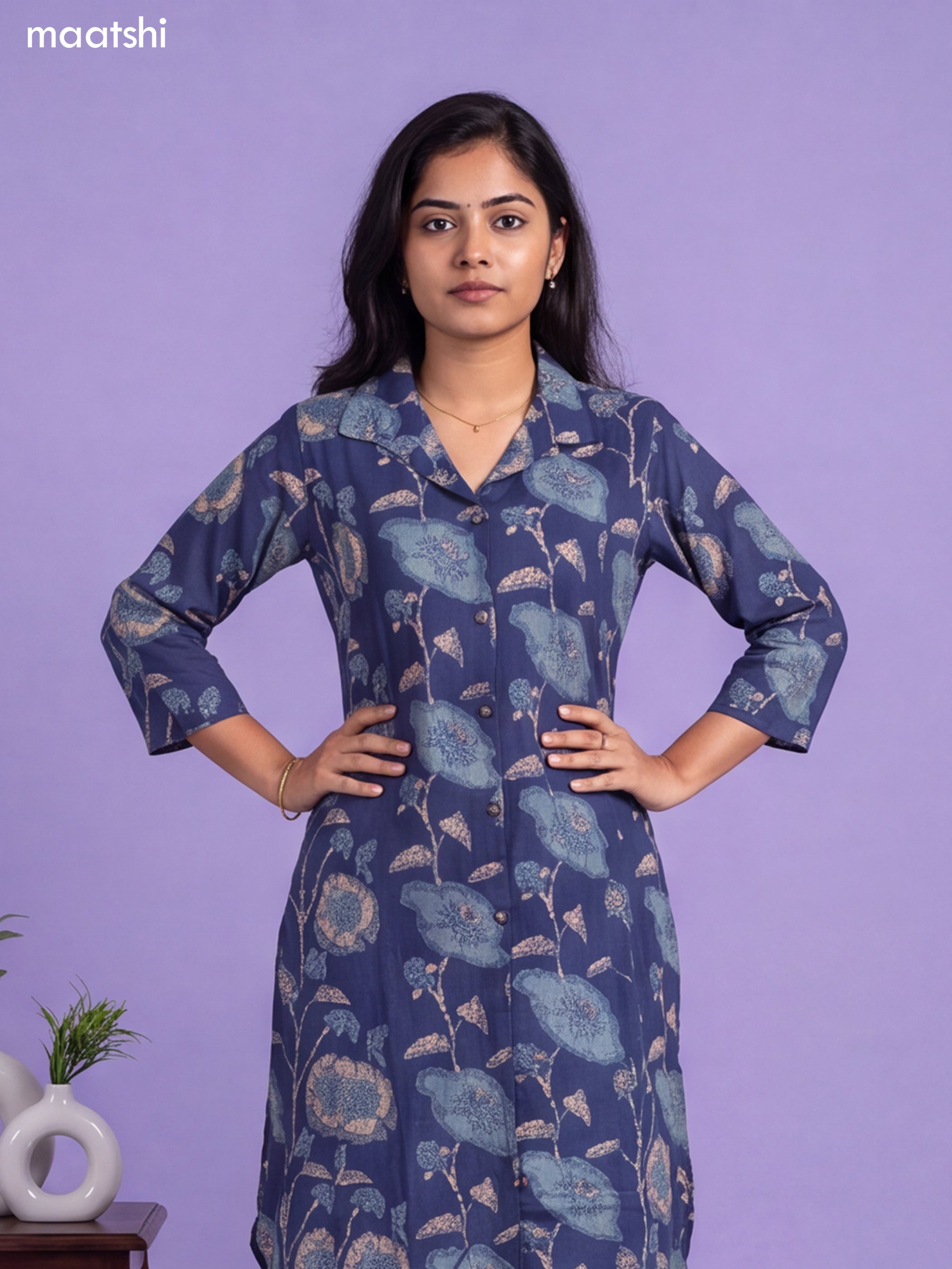 Navy Blue Cotton Printed Long Co-Ord Set