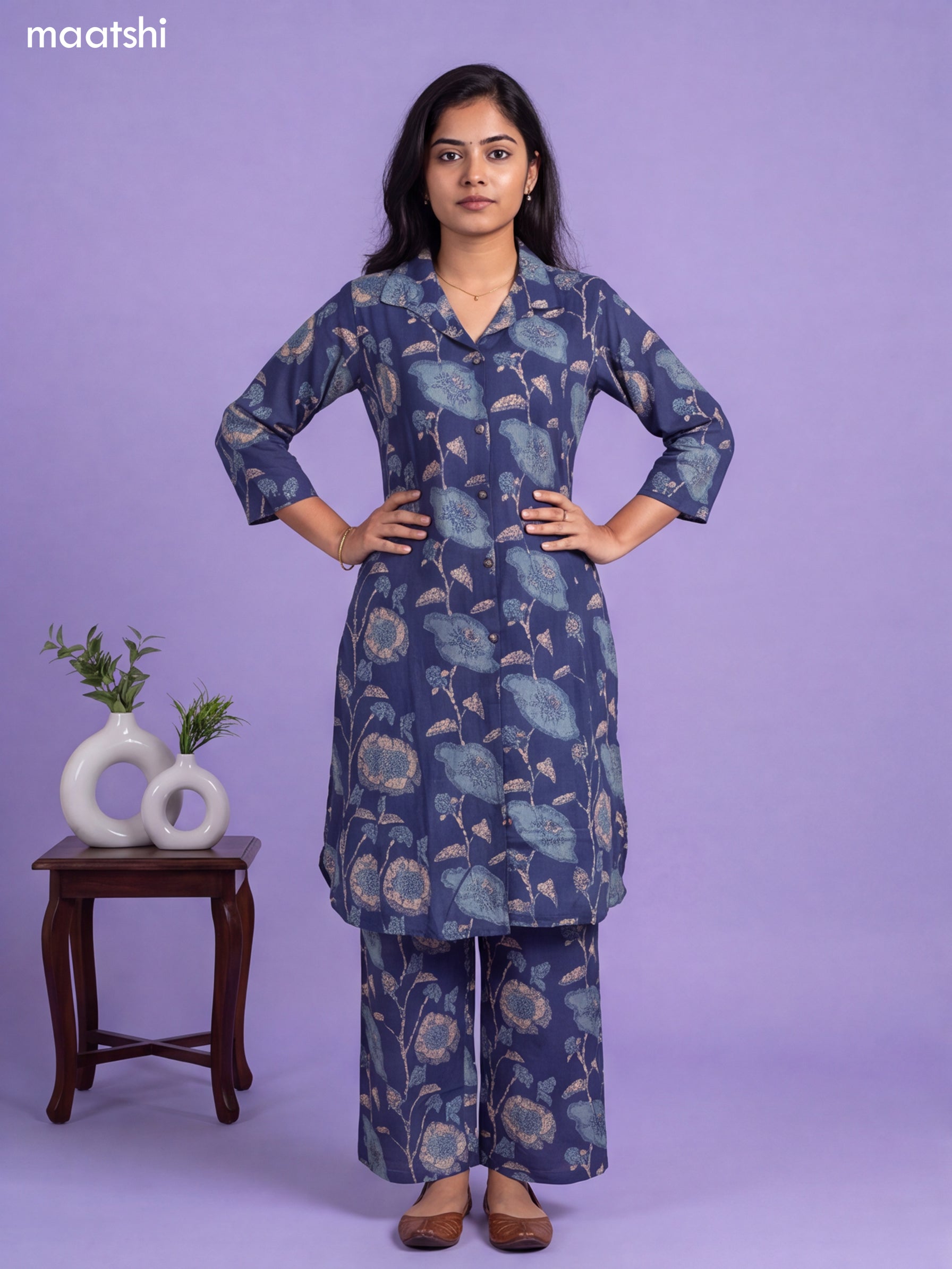 Navy Blue Cotton Printed Long Co-Ord Set