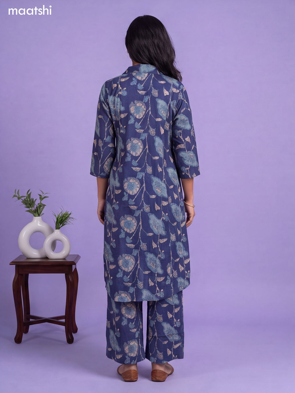 Navy Blue Cotton Printed Long Co-Ord Set