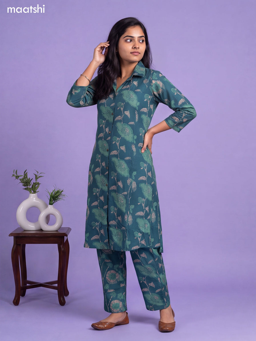 Green Cotton Printed Long Co-Ord Set