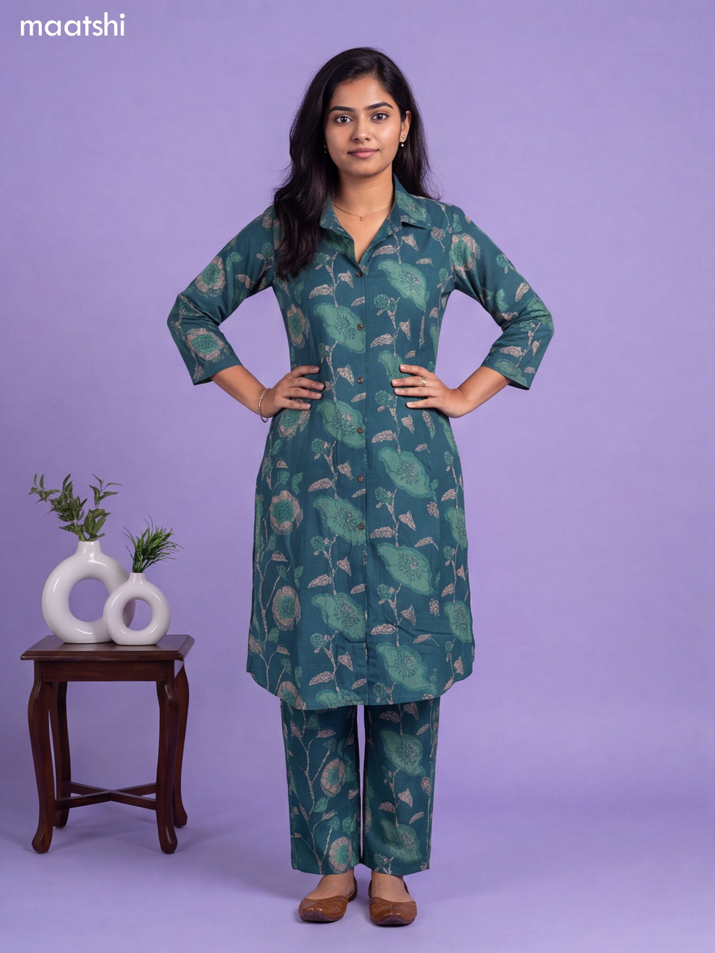 Green Cotton Printed Long Co-Ord Set