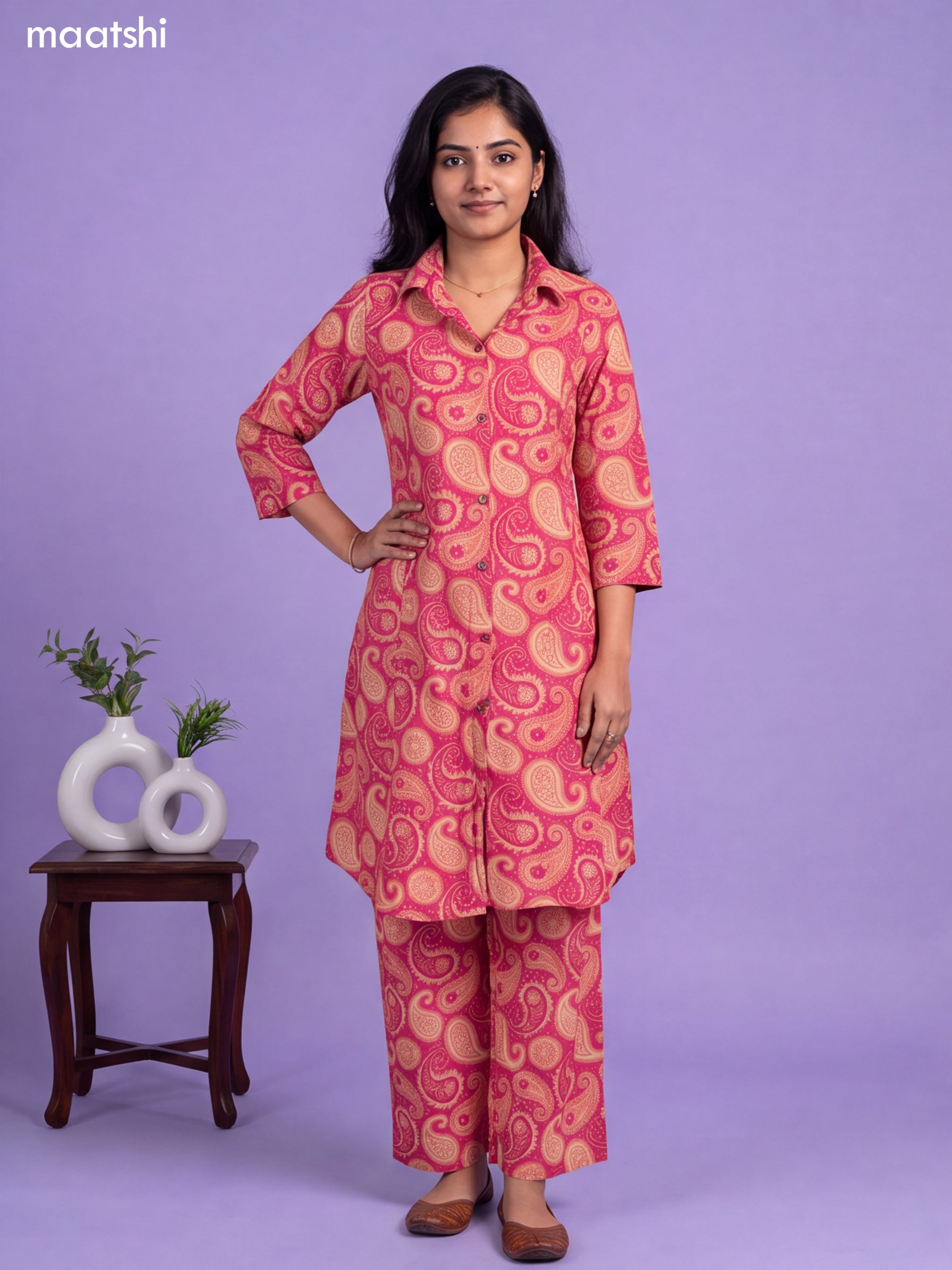 Pink Cotton With Allover Paisley Printed Long Co-Ord Set