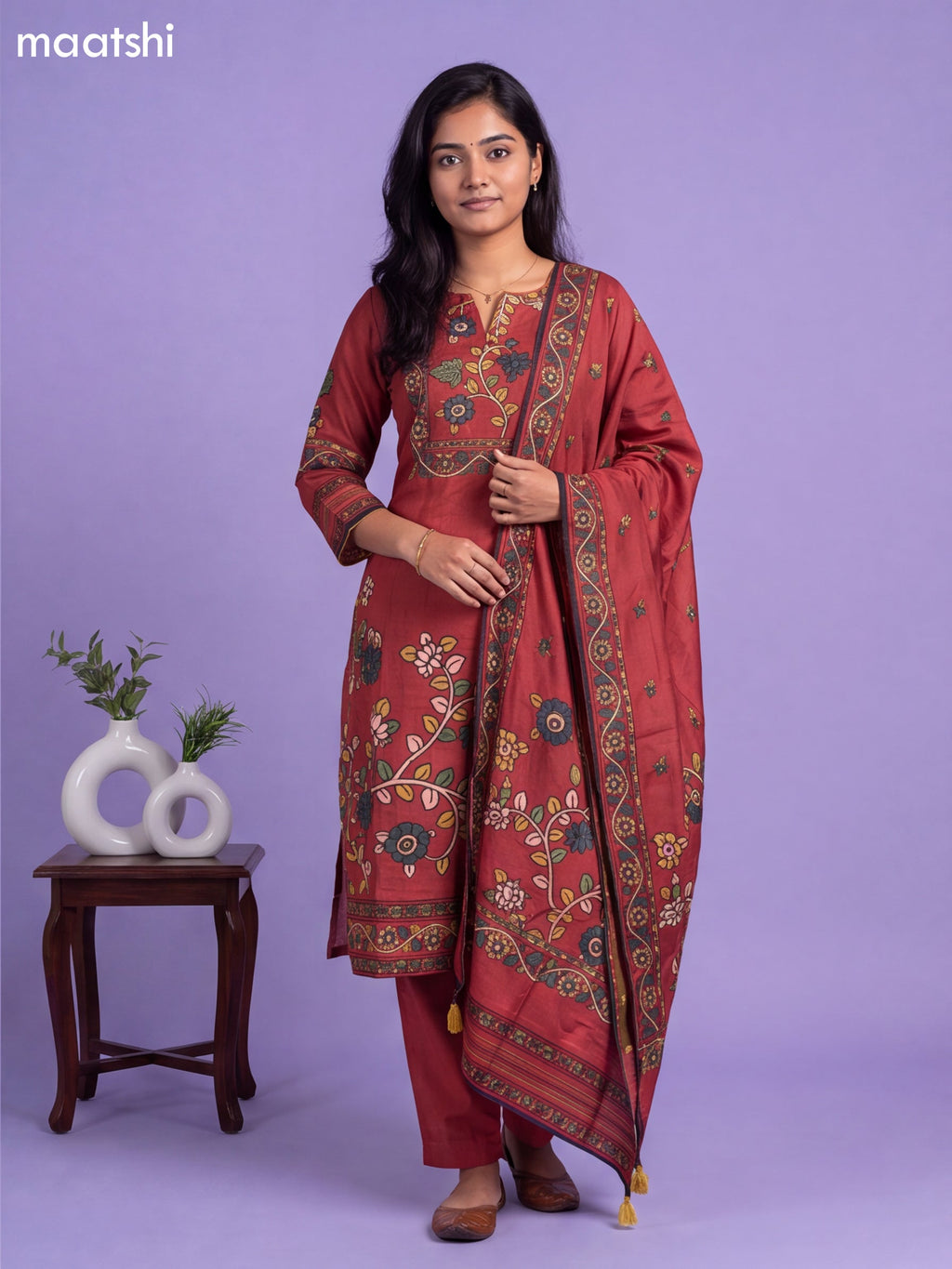 Rust Orange Muslin Printed Straight Suit