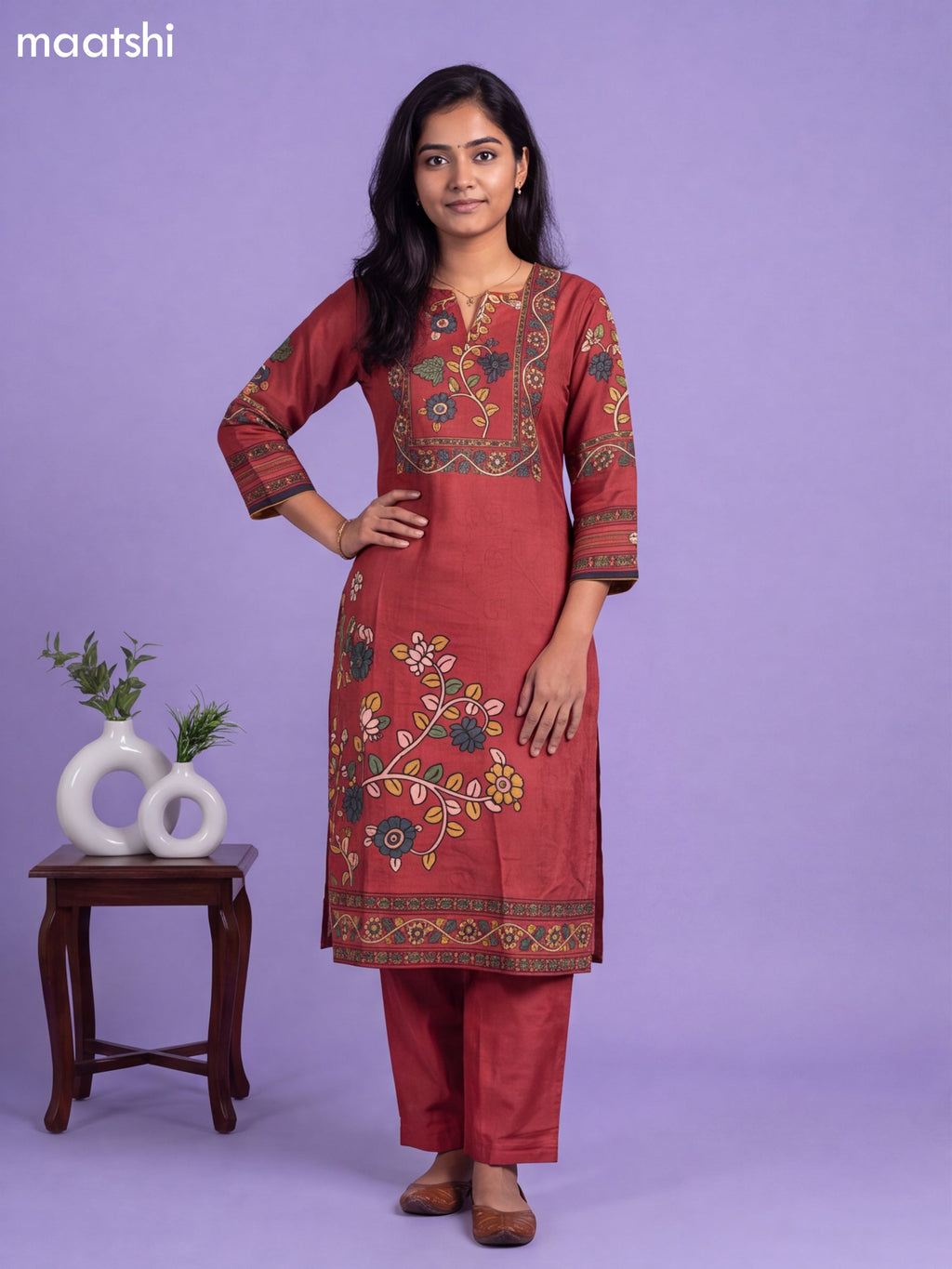 Rust Orange Muslin Printed Straight Suit