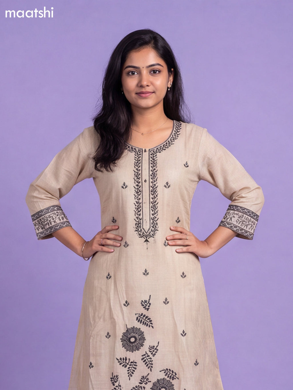 Beige Linen Cotton Embroidery Work A-Line Suit