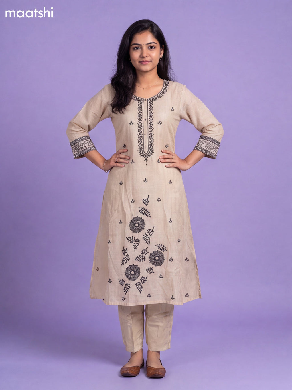Beige Linen Cotton Embroidery Work A-Line Suit
