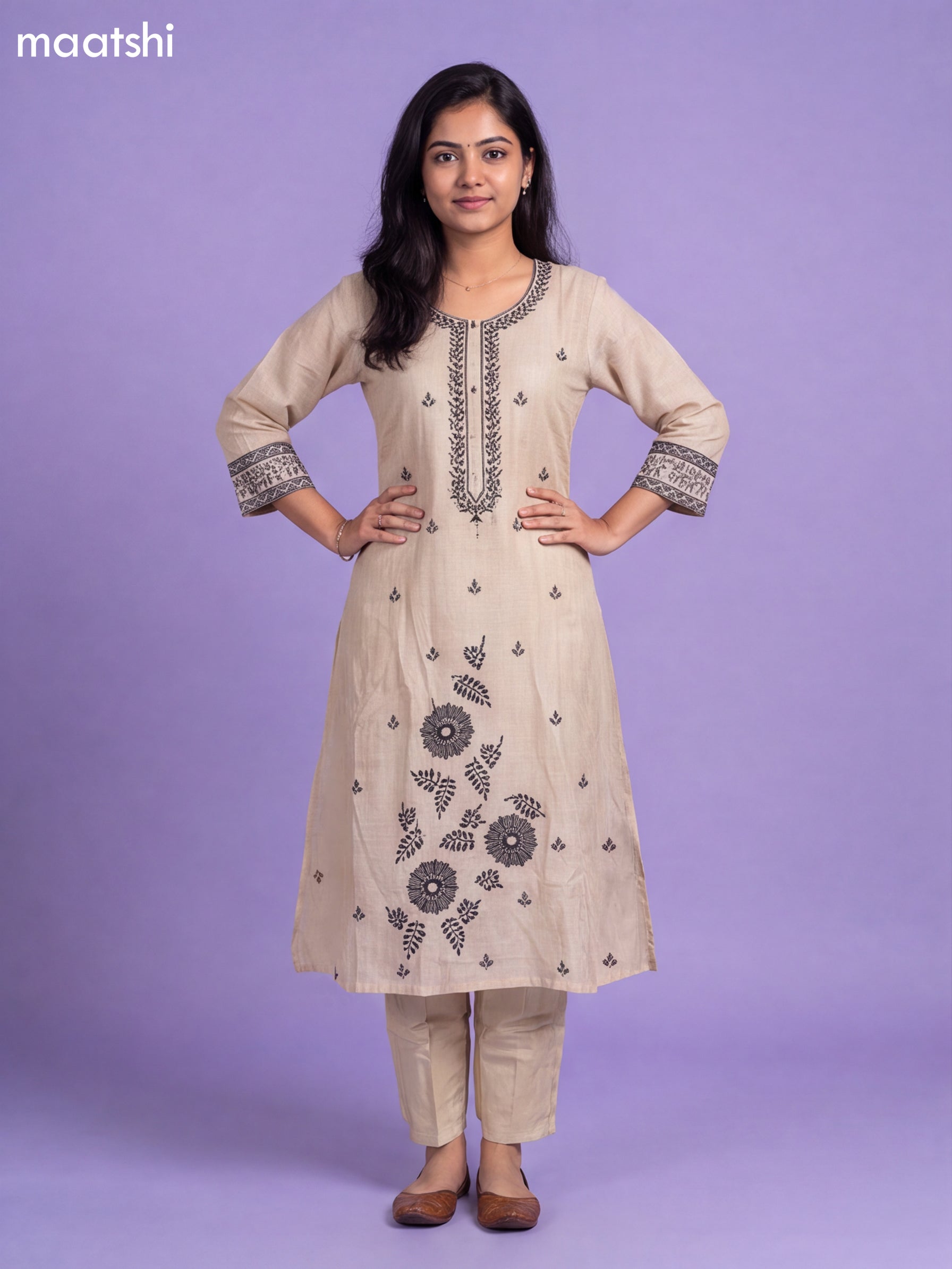 Beige Linen Cotton Embroidery Work A-Line Suit
