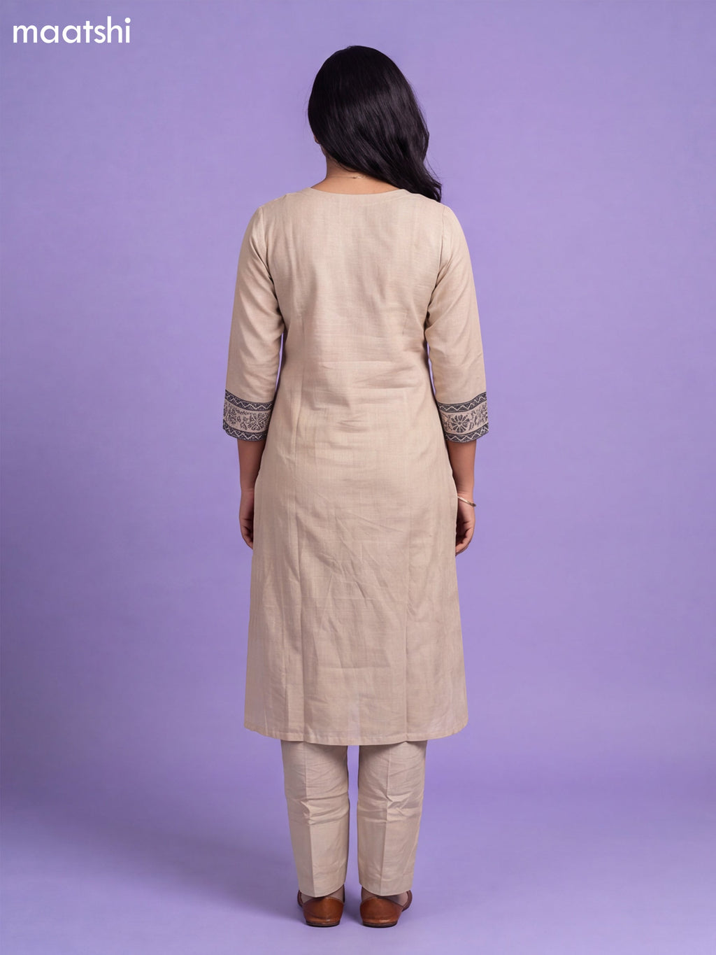 Beige Linen Cotton Embroidery Work A-Line Suit