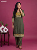 Green and Mustard Cotton Printed & Simple Embroidery Work Straight Suit