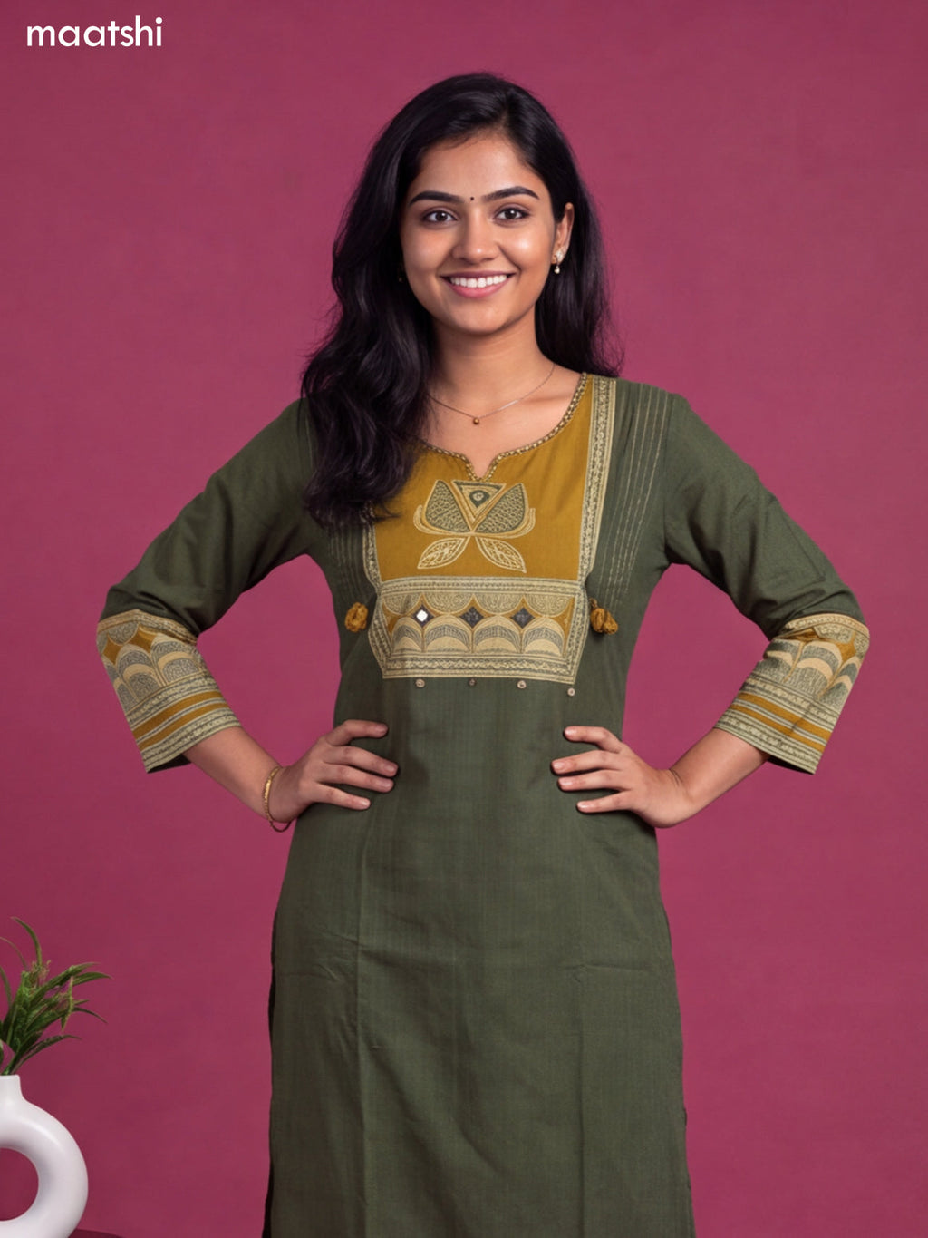 Green and Mustard Cotton Printed & Simple Embroidery Work Straight Suit