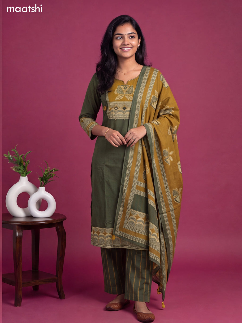 Green and Mustard Cotton Printed & Simple Embroidery Work Straight Suit