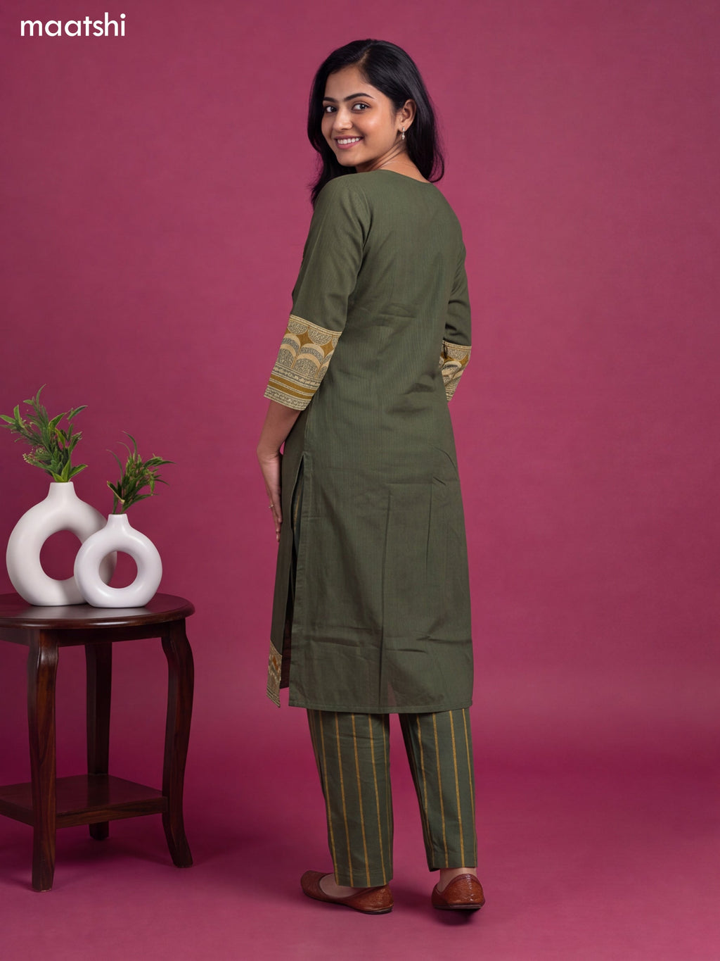 Green and Mustard Cotton Printed & Simple Embroidery Work Straight Suit