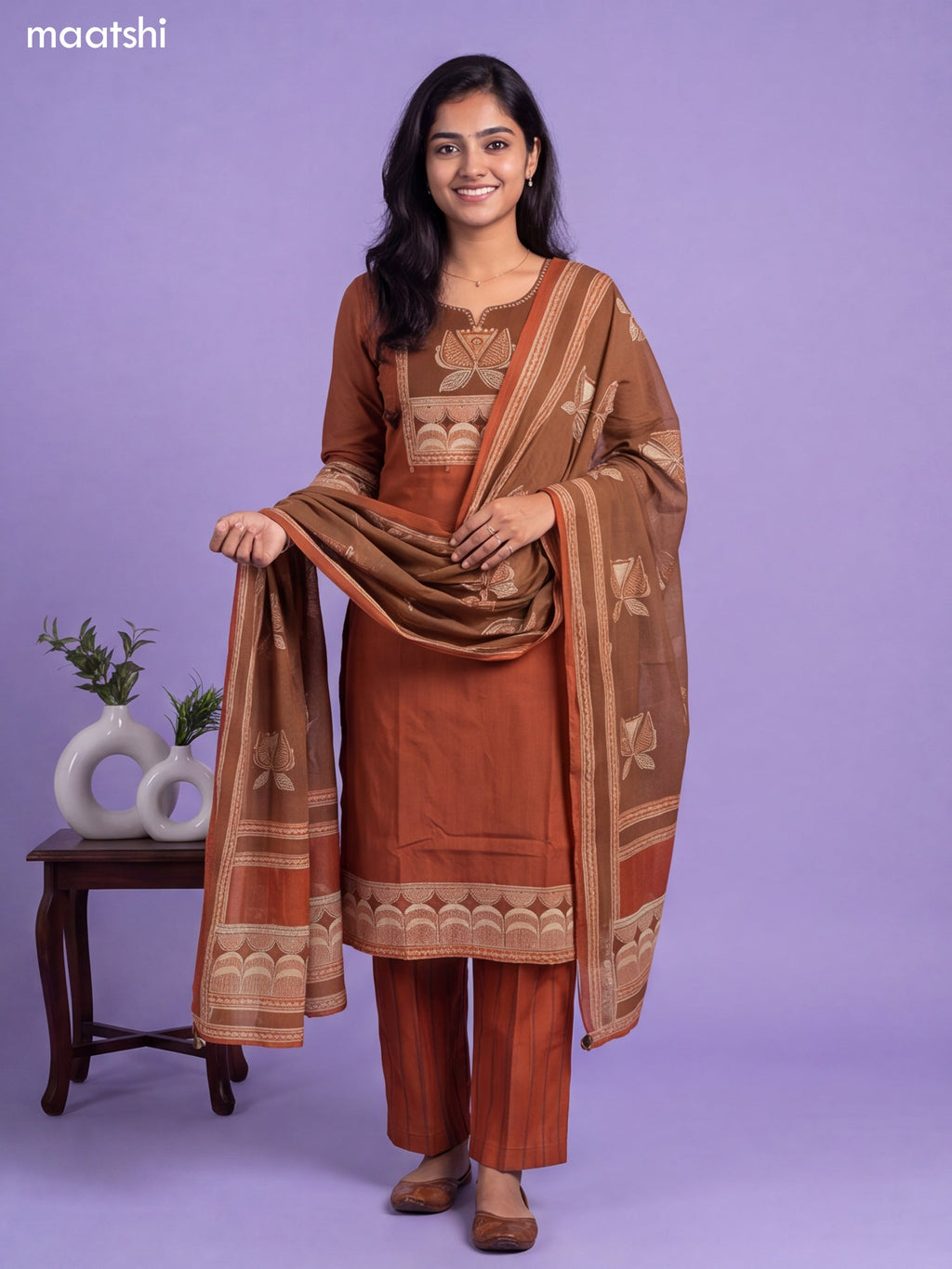 Dark Rust and Brown Cotton Printed & Simple Embroidery Work Straight Suit