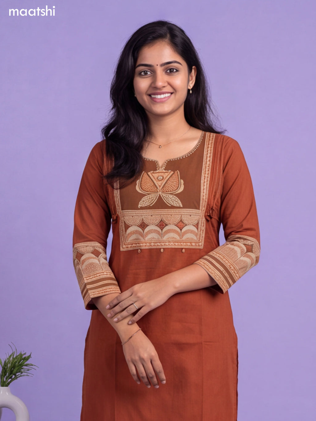 Dark Rust and Brown Cotton Printed & Simple Embroidery Work Straight Suit