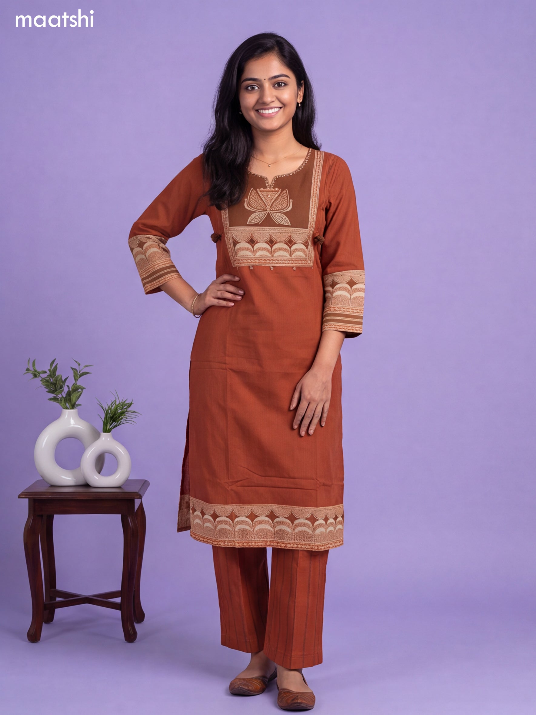Dark Rust and Brown Cotton Printed & Simple Embroidery Work Straight Suit