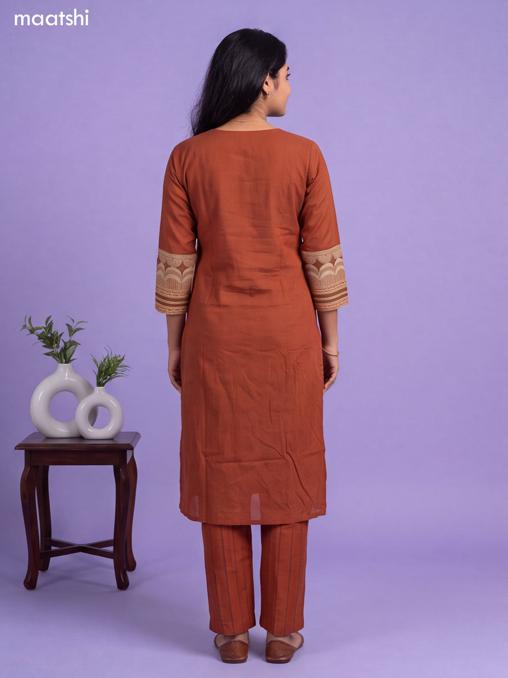 Dark Rust and Brown Cotton Printed & Simple Embroidery Work Straight Suit