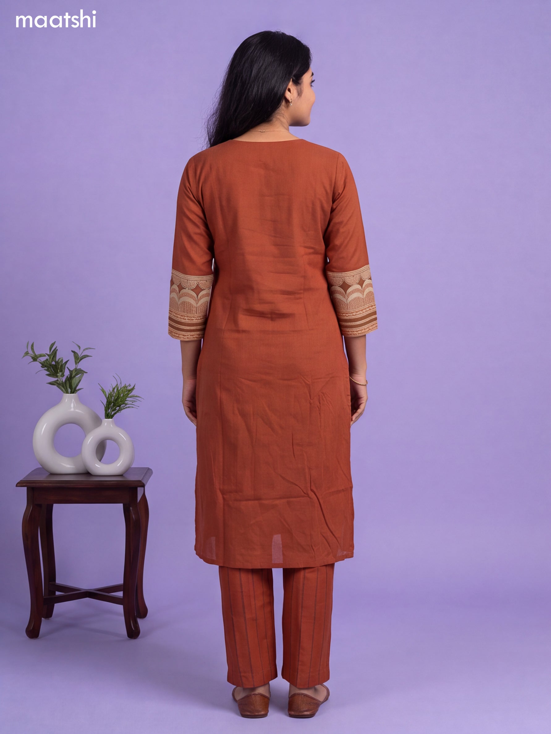 Dark Rust and Brown Cotton Printed & Simple Embroidery Work Straight Suit