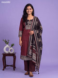 Brown and Black Cotton Printed & Simple Embroidery Work Straight Suit