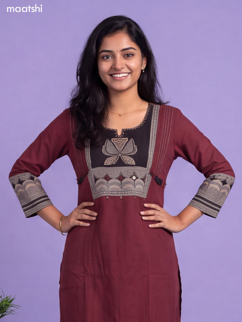Brown and Black Cotton Printed & Simple Embroidery Work Straight Suit
