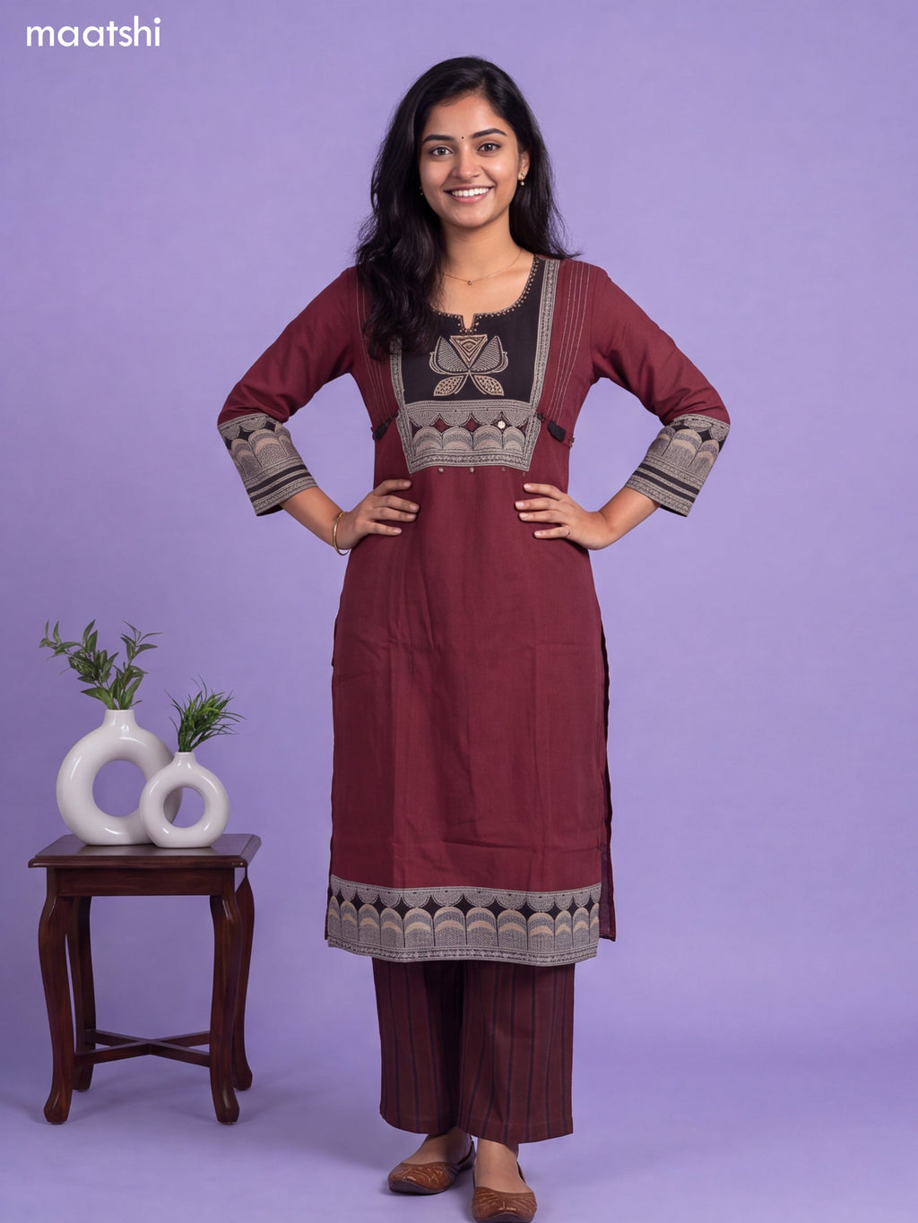 Brown and Black Cotton Printed & Simple Embroidery Work Straight Suit
