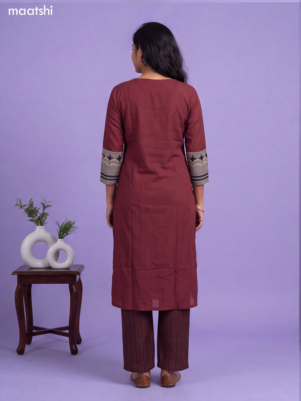 Brown and Black Cotton Printed & Simple Embroidery Work Straight Suit