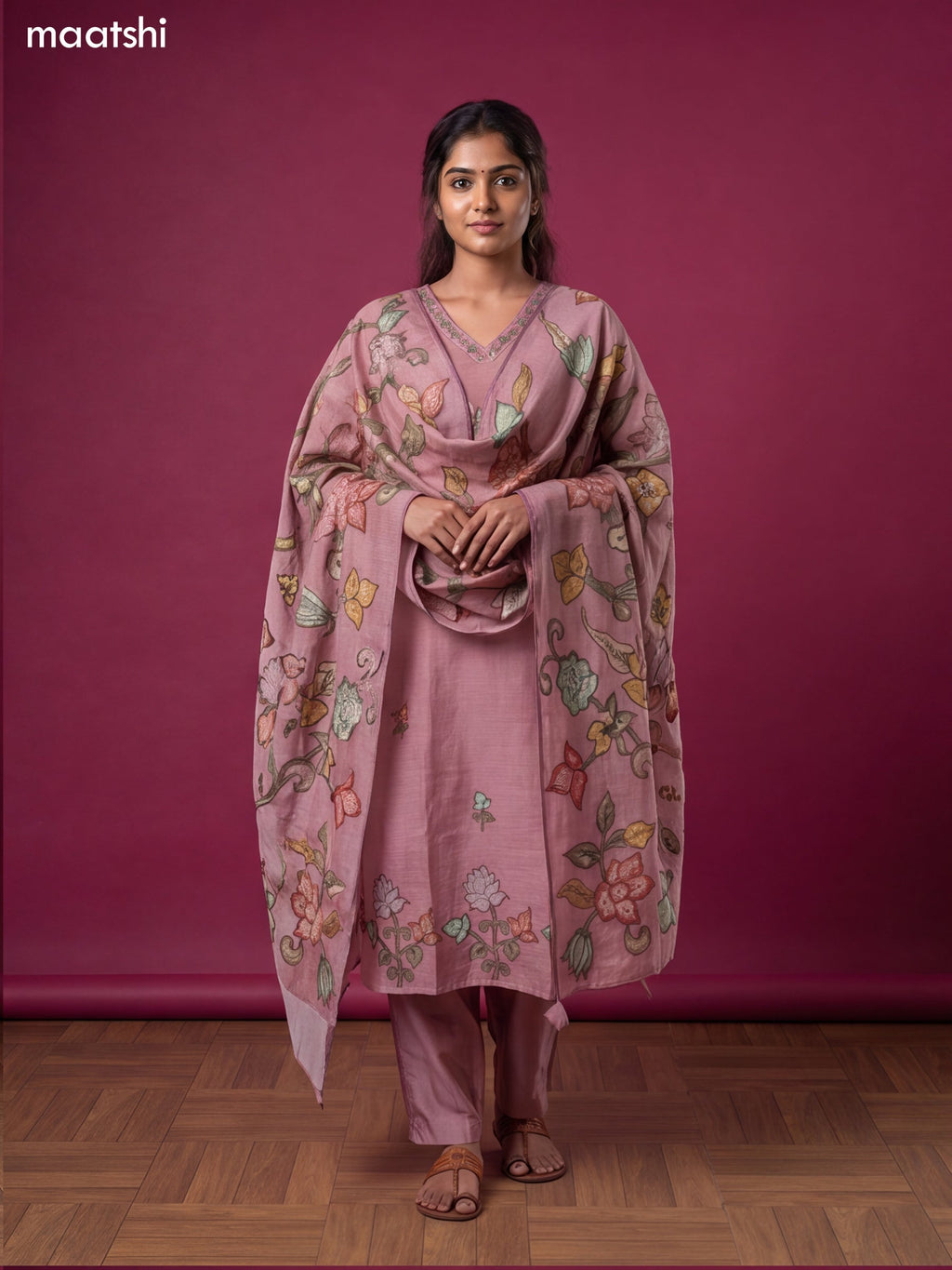 Mauve Pink Linen Cotton French Knot Wrok Straight Suit