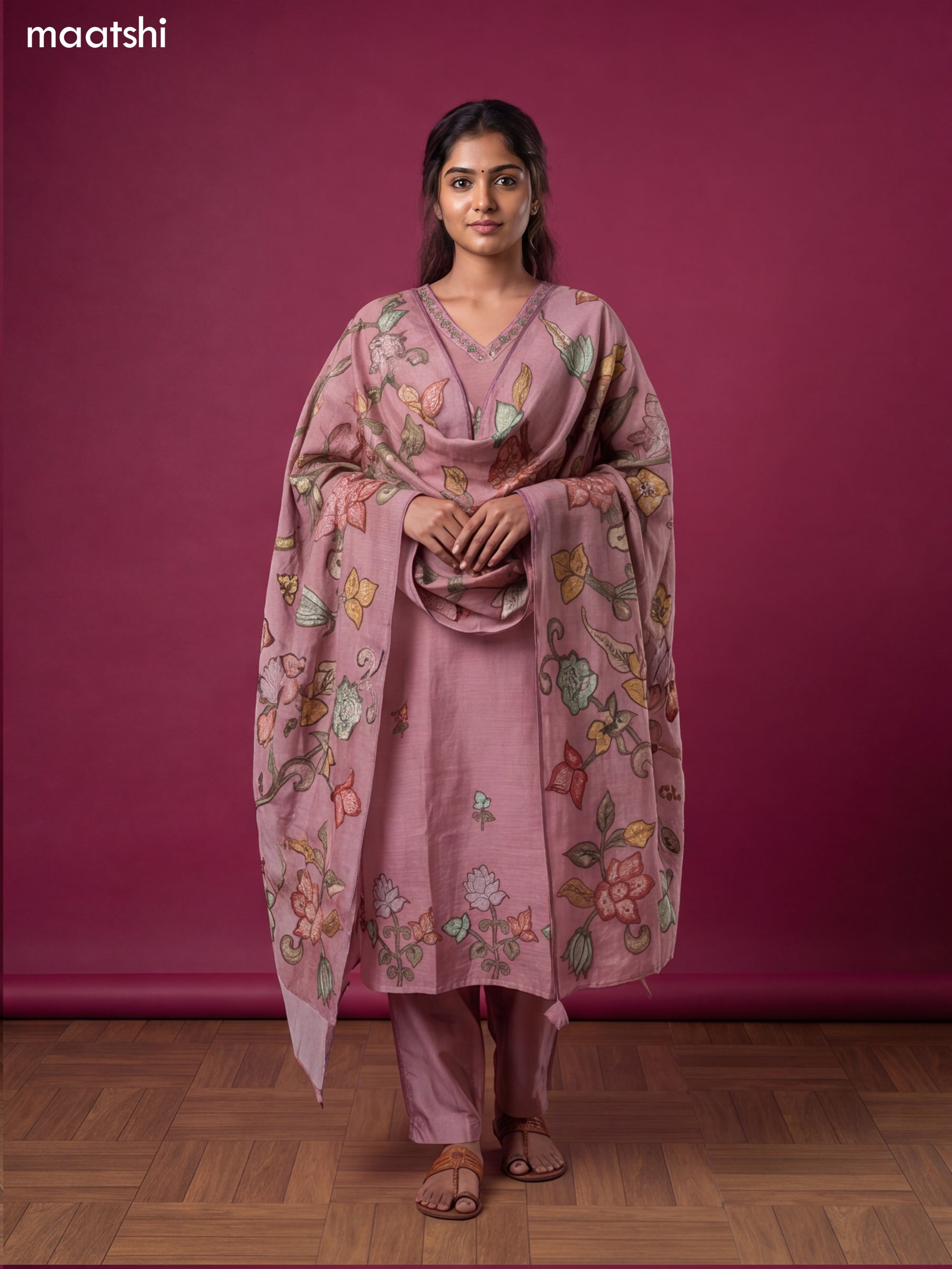 Mauve Pink Linen Cotton French Knot Wrok Straight Suit