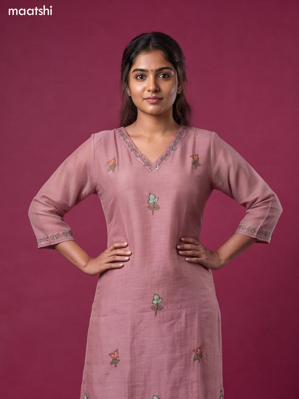 Mauve Pink Linen Cotton French Knot Wrok Straight Suit