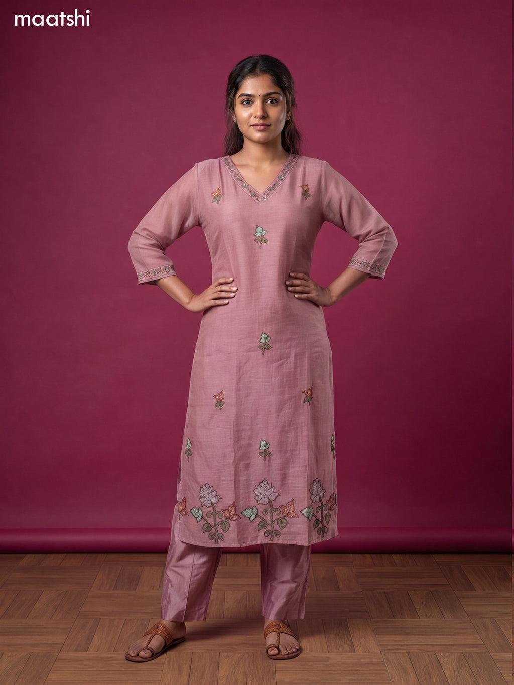 Mauve Pink Linen Cotton French Knot Wrok Straight Suit