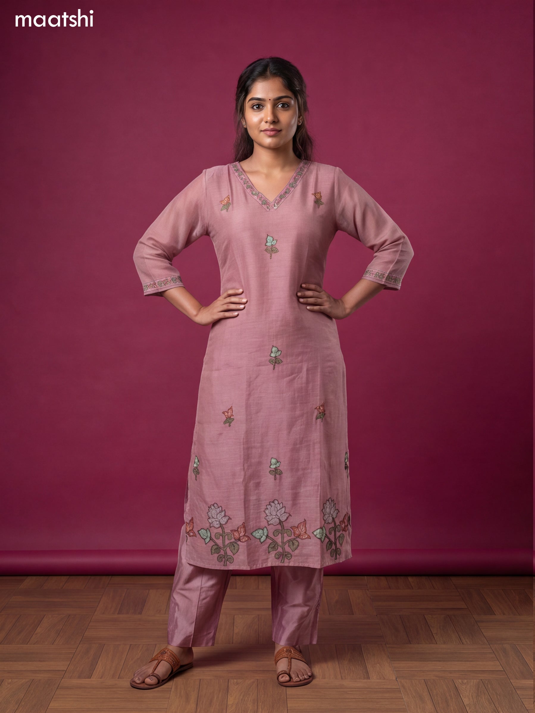 Mauve Pink Linen Cotton French Knot Wrok Straight Suit
