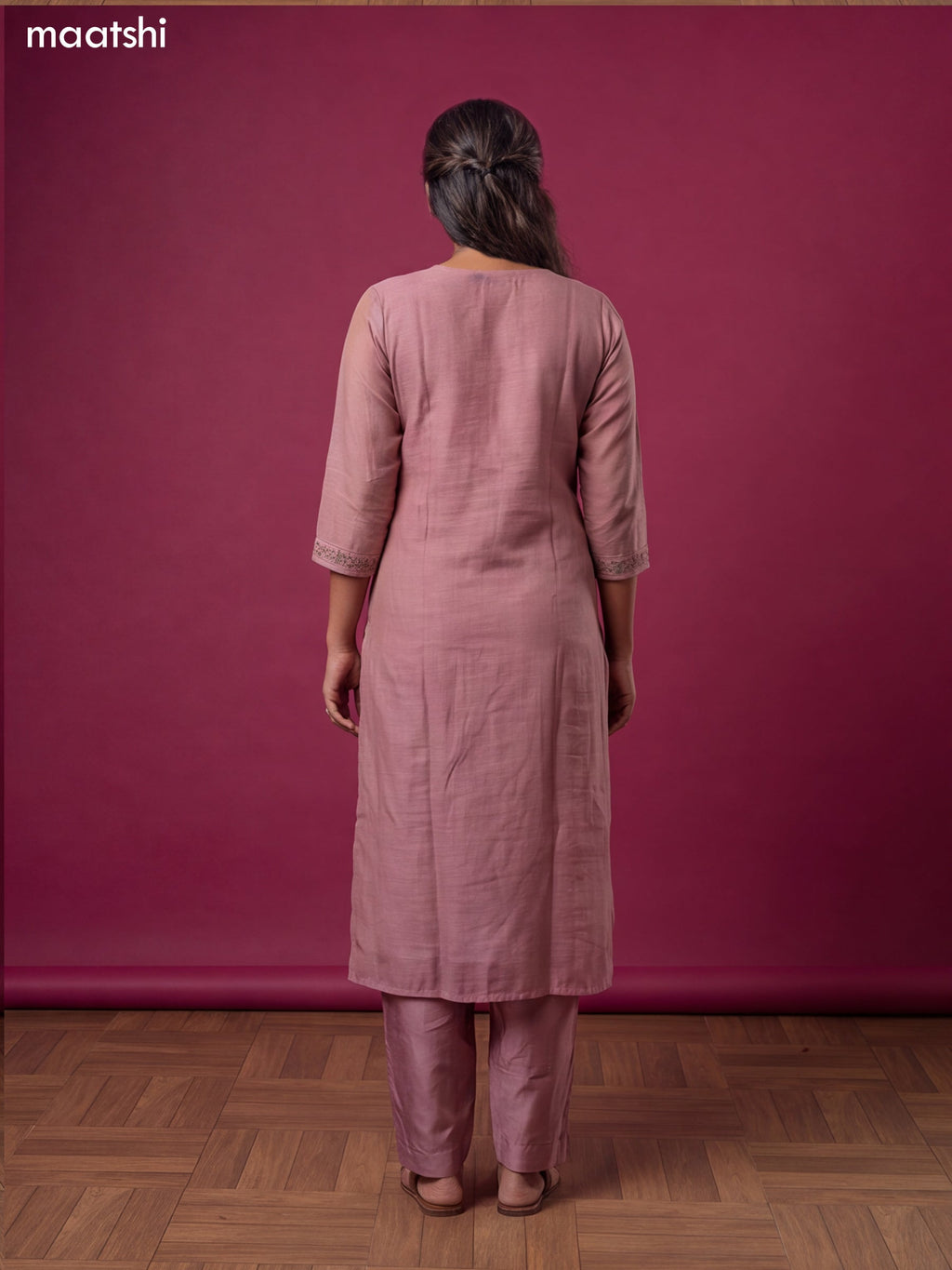 Mauve Pink Linen Cotton French Knot Wrok Straight Suit