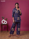 Navy Blue Cotton Geometric Printed & Simple Embroidery Work Short Co-Ord Set