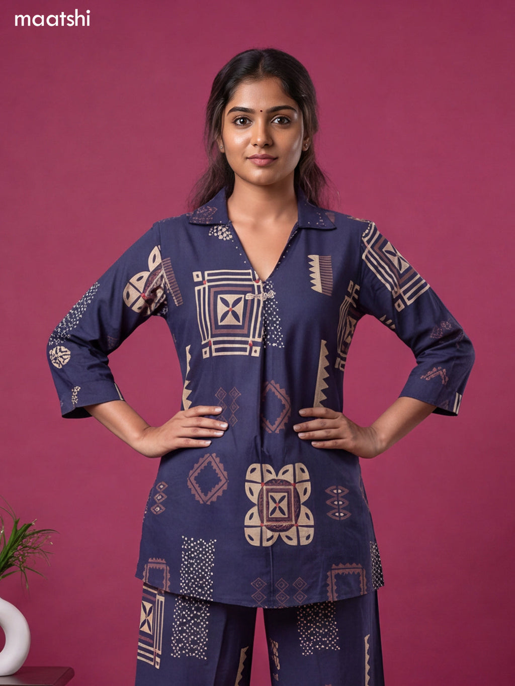 Navy Blue Cotton Geometric Printed & Simple Embroidery Work Short Co-Ord Set