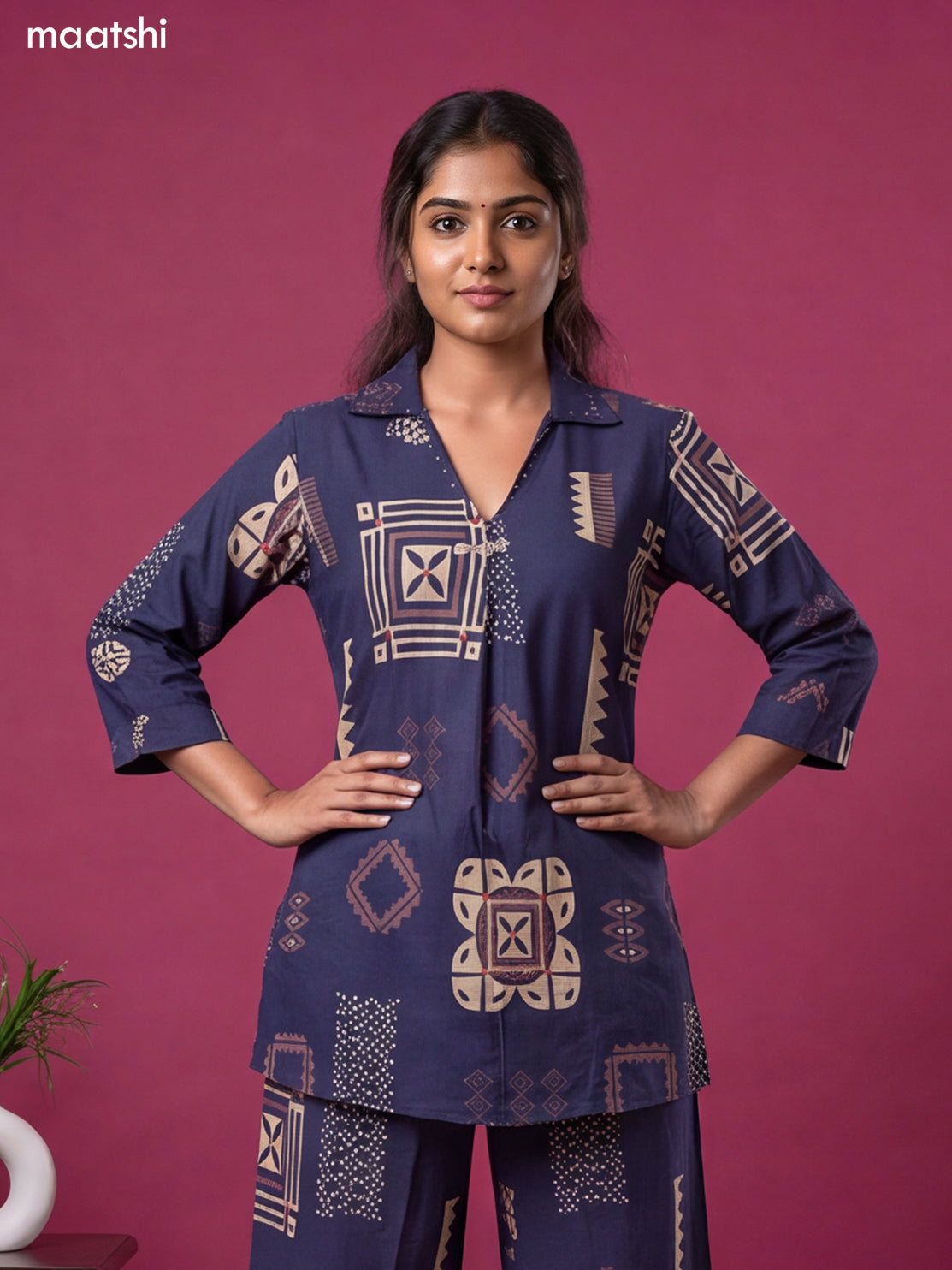 Navy Blue Cotton Geometric Printed & Simple Embroidery Work Short Co-Ord Set
