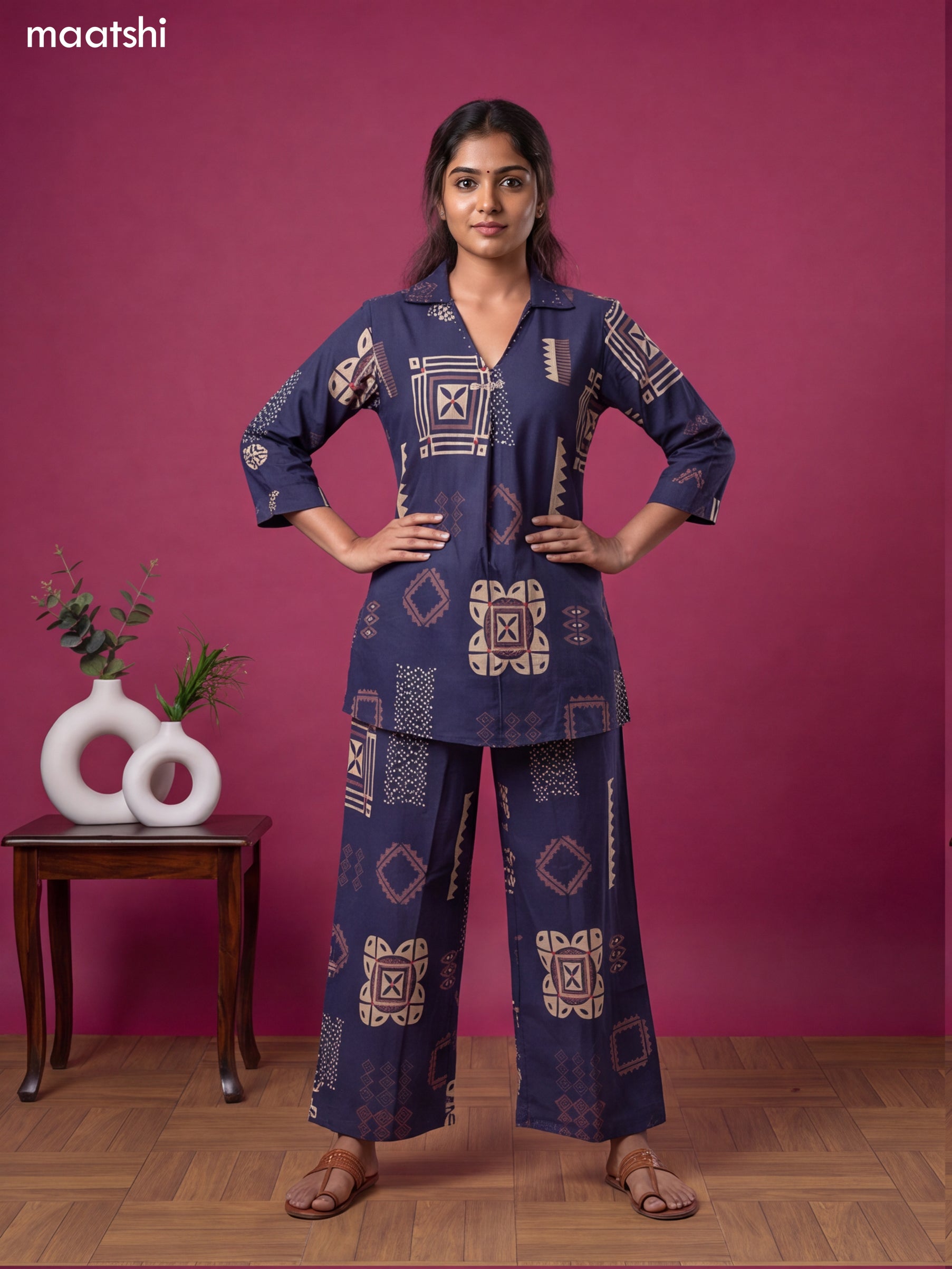Navy Blue Cotton Geometric Printed & Simple Embroidery Work Short Co-Ord Set