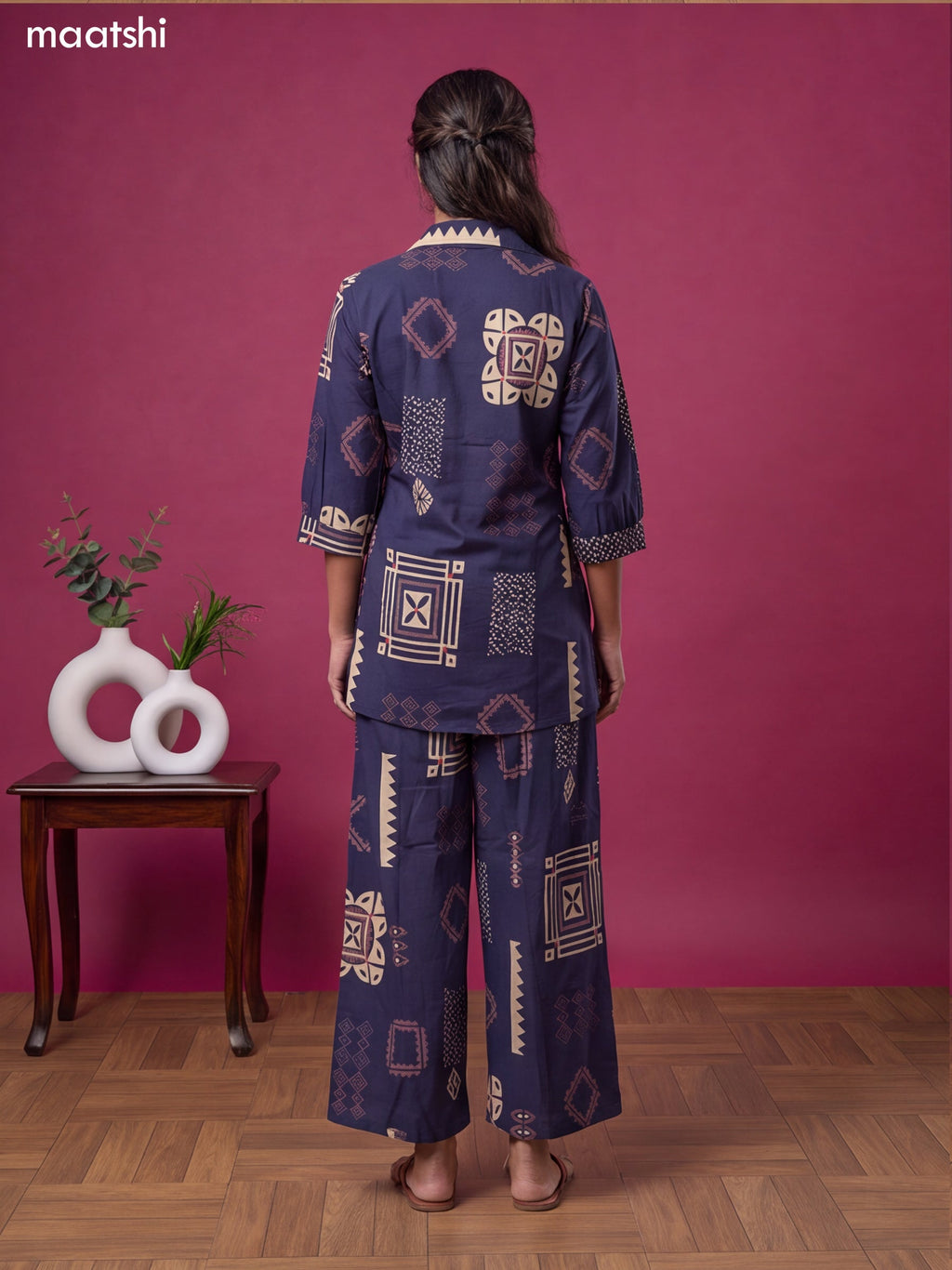 Navy Blue Cotton Geometric Printed & Simple Embroidery Work Short Co-Ord Set