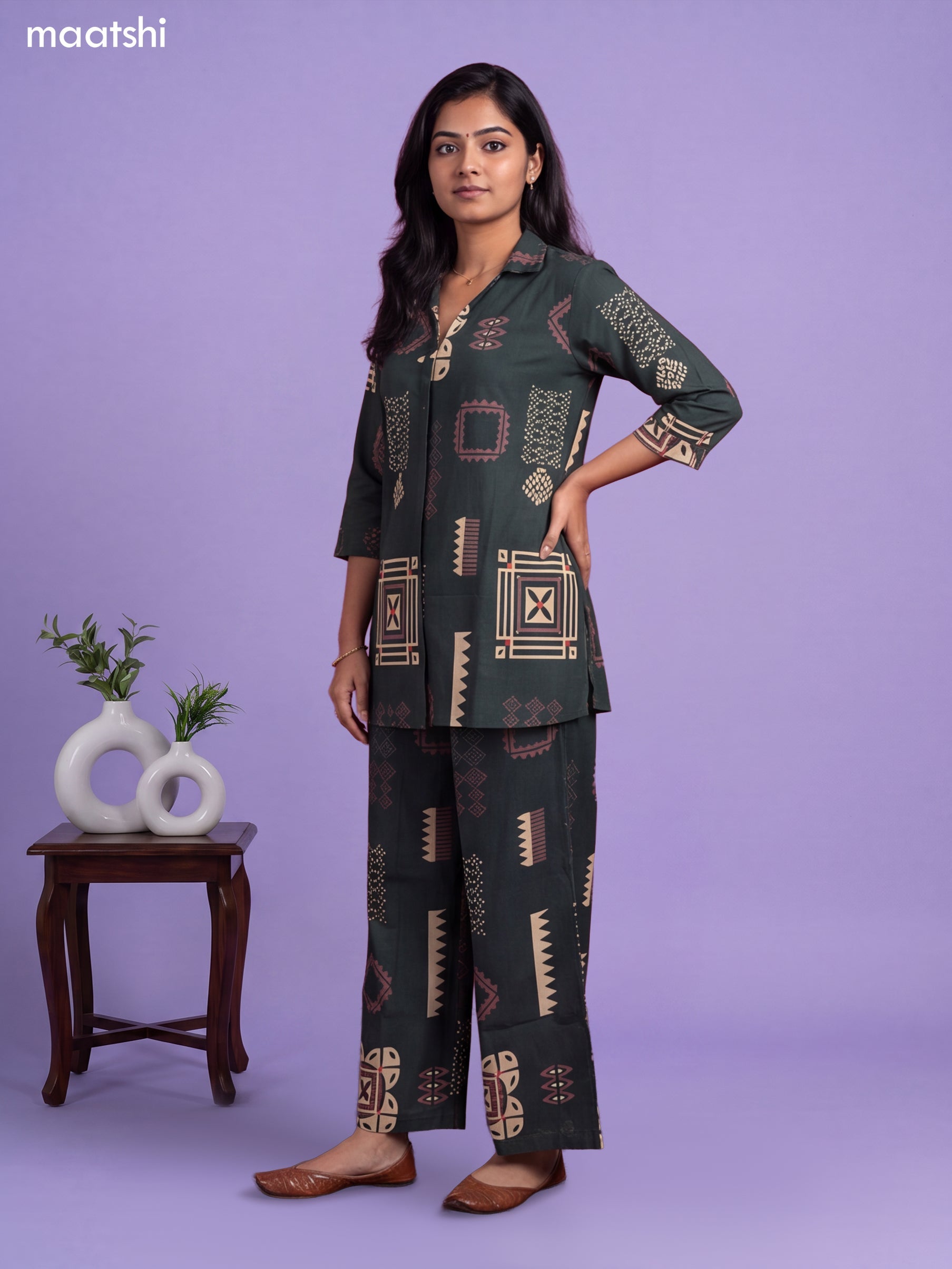 Deep Green Cotton Geometric Printed & Simple Embroidery Work Short Co-Ord Set