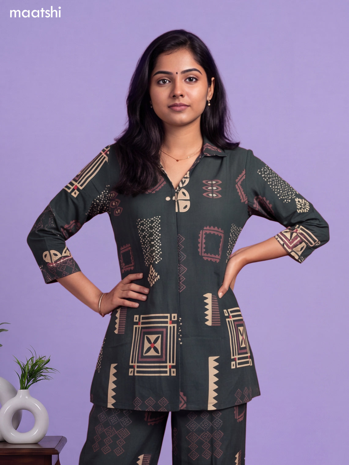 Deep Green Cotton Geometric Printed & Simple Embroidery Work Short Co-Ord Set