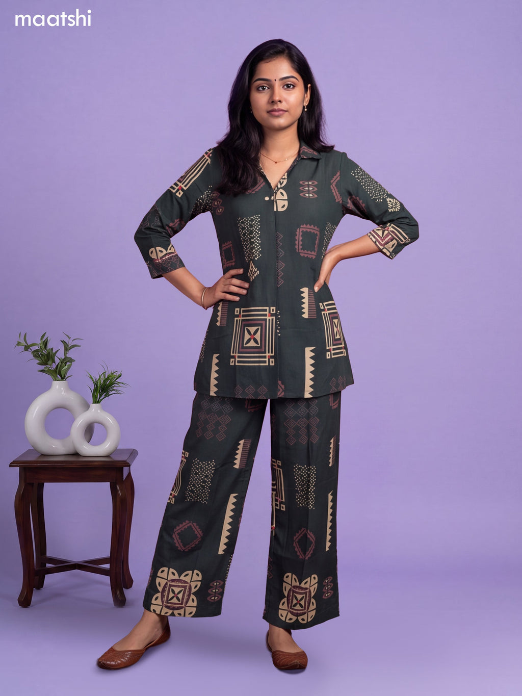 Deep Green Cotton Geometric Printed & Simple Embroidery Work Short Co-Ord Set