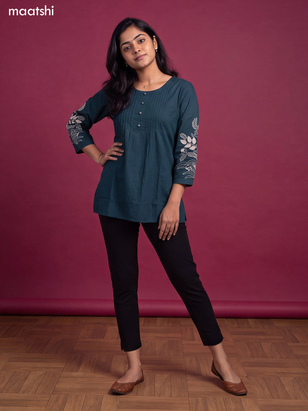 Teal Green Cotton Embroidery Work Short Kurti