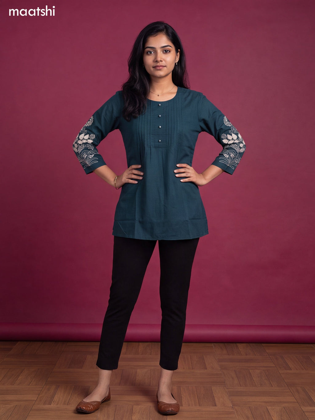 Teal Green Cotton Embroidery Work Short Kurti