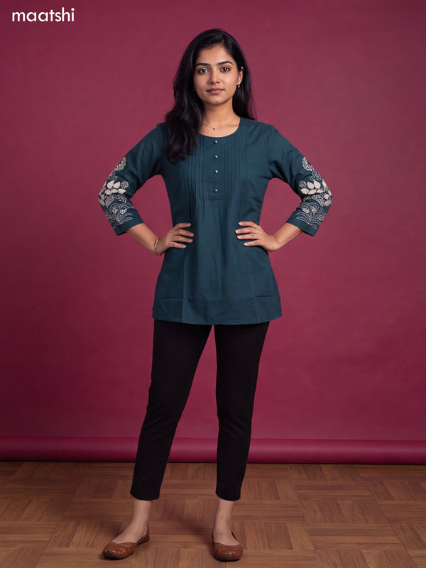 Teal Green Cotton Embroidery Work Short Kurti