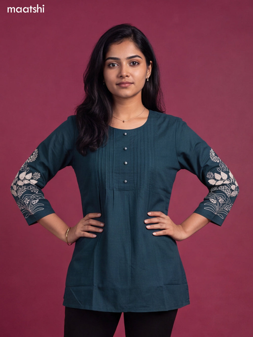 Teal Green Cotton Embroidery Work Short Kurti
