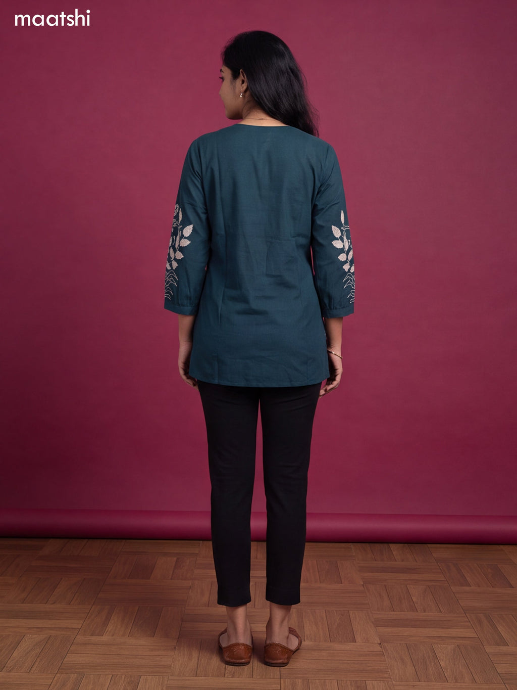 Teal Green Cotton Embroidery Work Short Kurti